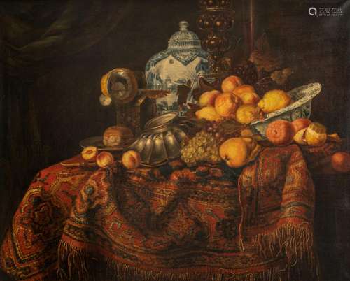 A still life with fruit, a rummer glass, Delftware, silverwa...