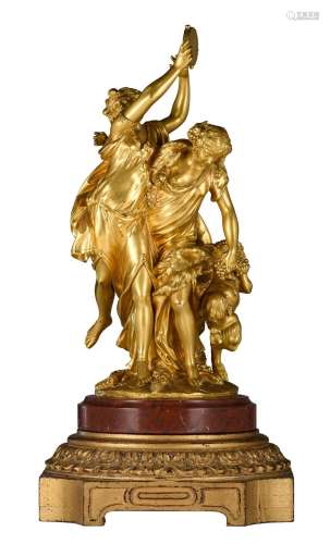 Clodion, a Bacchanal group, gilt bronze on Rouge Napoleon ma...