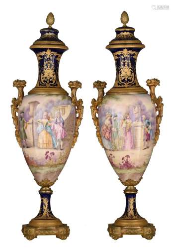 A fine pair of oblong SËvres vases, decorated with gallant s...
