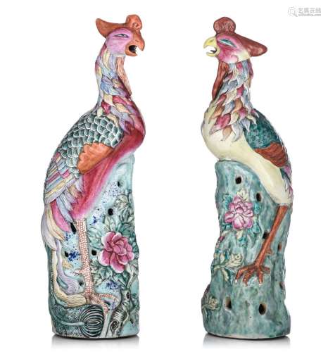 Two Chinese famille rose export porcelain models of a phoeni...