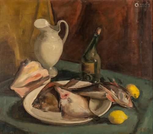 Raymond Van Hoeck (1922-1992), still life with fish, oil on ...