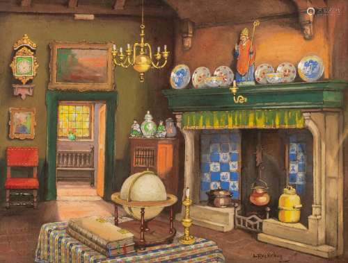 Louis Reckelbus (1864-1958), view of an interior, gouache on...