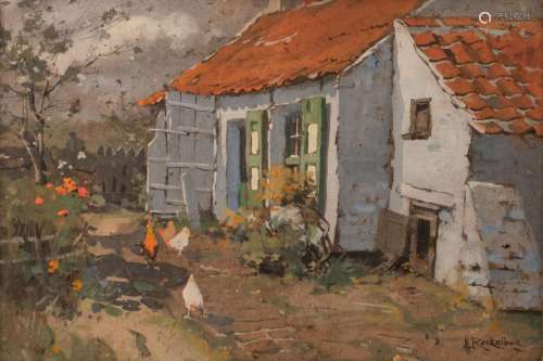 Louis Reckelbus (1864-1958), the henhouse, gouache on paper,...