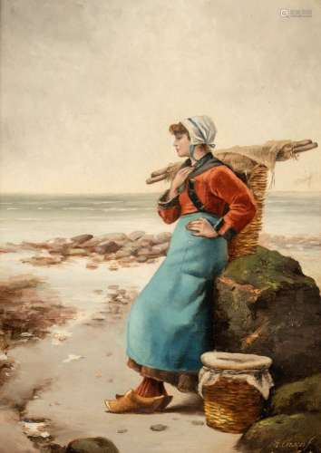 Paul B. Pascal (1832-1905), Fishergirl at the beach, oil on ...