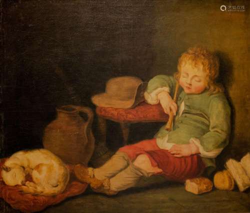 A boy sleeping with his dog, Romantic School, 19thC, oil on ...