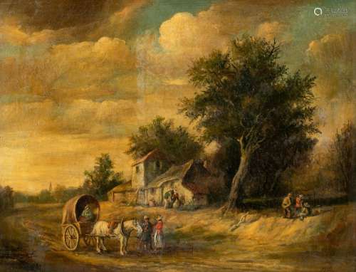 Monogrammed H.M., pastoral landscape with figures, oil on ca...