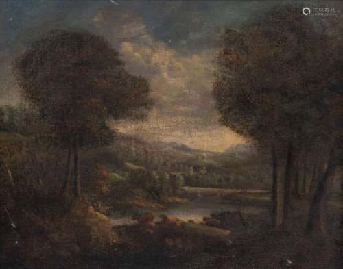 A wooded landscape with resting cattle, oil on canvas, 60 x ...