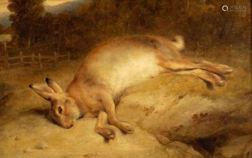 A hunting trophy of a hare, English, late 19thC, oil on canv...