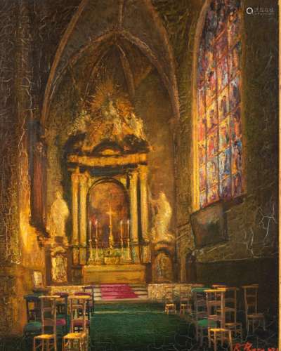 Baroque church interior, early 20thC, oil on canvas, 40 x 50...
