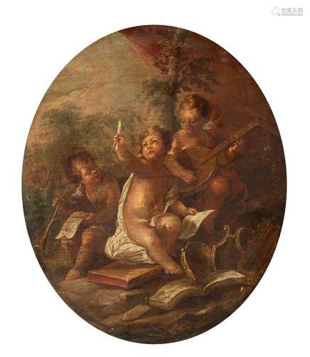 An 18thC oval painting of music-making angels, probably Fren...