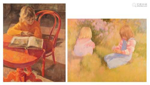 Two paintings depicting a reading girl and two girls picking...