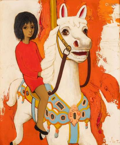 Jef Wauters (1927-2013), girl on a carouselhorse, oil on can...