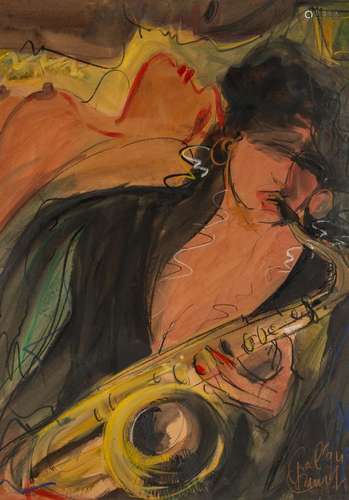 Paul Van Impe (1951), the saxophonist, 1994, watercolour and...