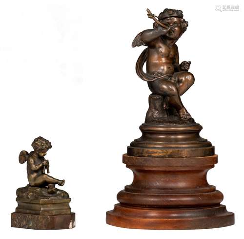 Two patinated bronze Amor figures, H 9,5 - 19 cm