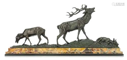 The stag and his family, patinated bronze on a marble base, ...