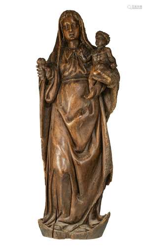 An oak sculpture of the Holy Virgin and Child, 19thC, H 110 ...