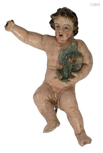 A polychrome wooden putto holding a coat of arms bearing a t...