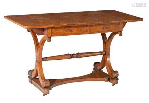 An English Regency burr wood sofa table, H 73,5 - W 92- 134 ...