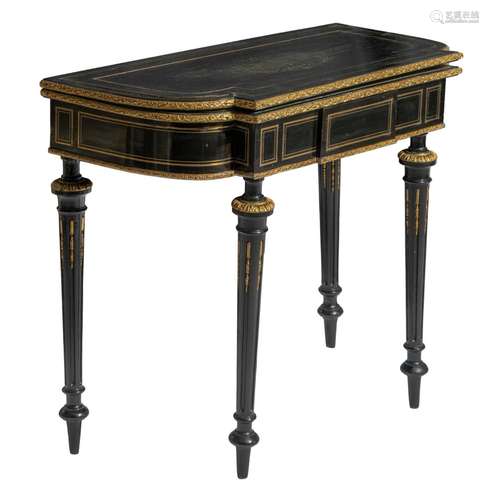 A Napoleon III ebonised fold-over games table, H 72 - 74 - W...