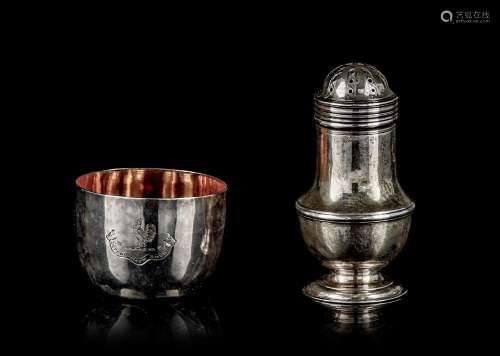 An English silver caster and gilt-silver cup, both hallmarke...