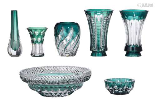 A collection of green overlay cut glass items by Val-Saint-L...