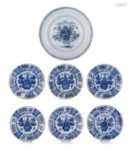 A collection of 6 blue and white Delftware dished and one pl...