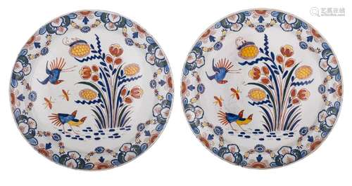 A pair of large Delft polychrome chargers, marked 'De Drie K...