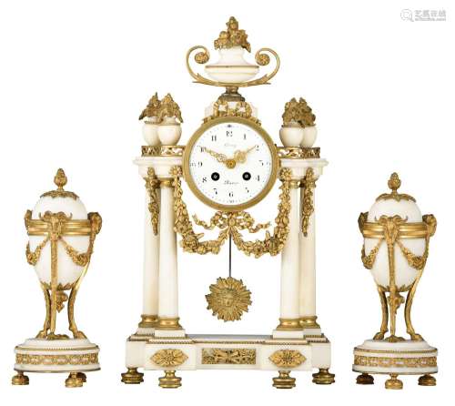 A Neoclassical three-piece mantle clock garniture, signed 'L...