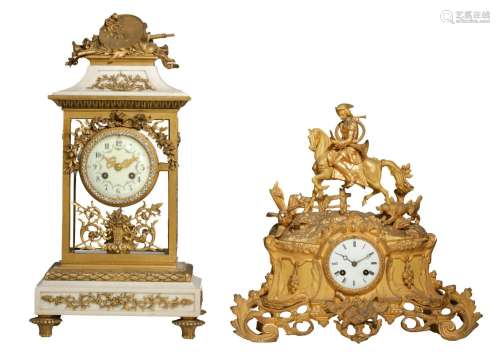 Two gilt bronze mantle clocks, H 40 - 51,5 cm
