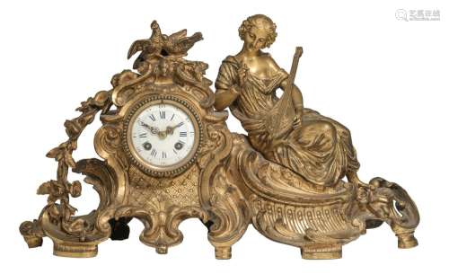 A gilt bronze Rococo style mantle clock, late 19thC, H 30 - ...