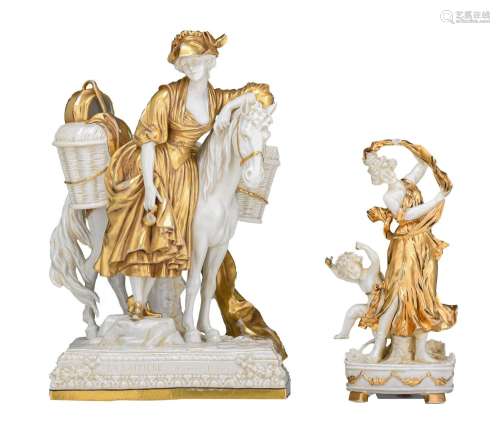 Two gilt decorated porcelain groups, H 23,5 - 33,5 cm