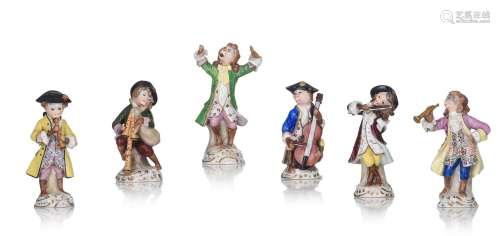 A set of 6 polychrome decorated porcelain music-making monke...