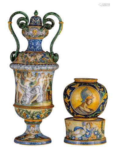 A large majolica type vase on stand, and a matching smaller ...