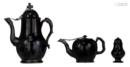 A Namur black-glazed pottery coffee pot with silver mounts, ...