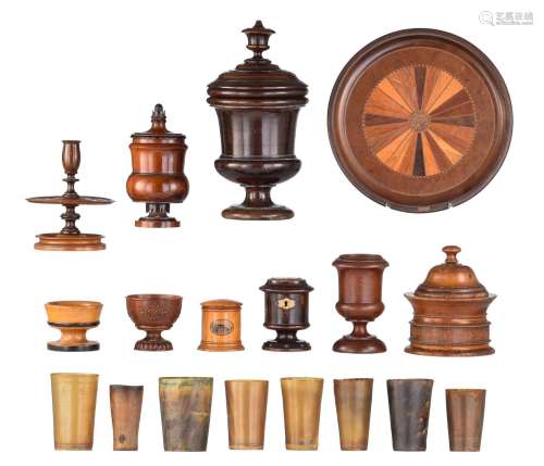 A collection of English treen items: covered wassail bowls, ...