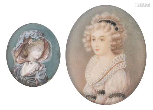 A pair of miniature portraits of young female beauties, the ...