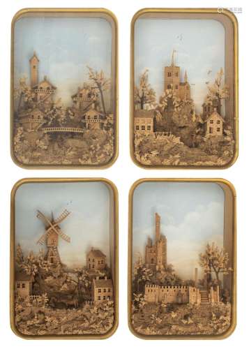 A set of four charming cork carving animated landscapes, 31 ...
