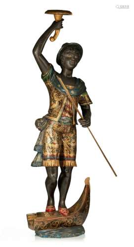 A Venetian type polychrome and gilt decorated blackamoor gon...