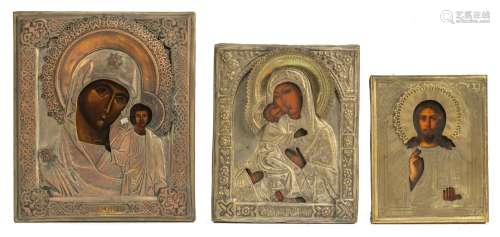 Three Eastern European icons with brass oklads, 17,5 x 22 - ...