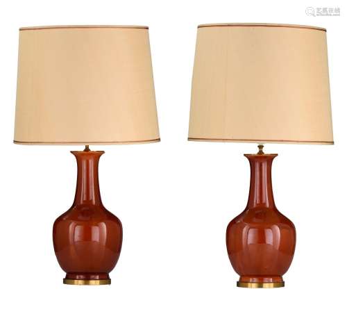 A decorative pair of monochrome glazed bottle vase lamps, H ...