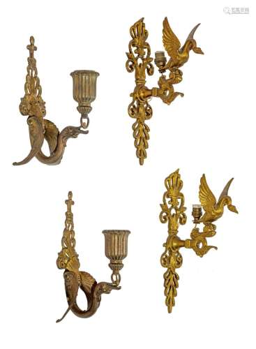Two pairs of Neoclassical brass and gilt bronze wall scones,...