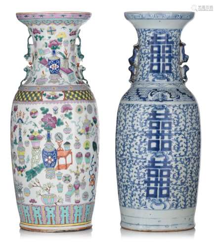 A Chinese famille rose vase and a blue and white vase, 19thC...