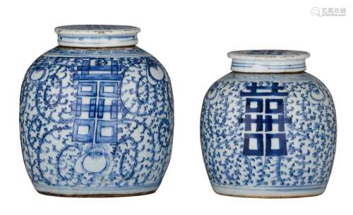 Two blue and white 'Double-Xi' ginger jars, 19thC, H 23 cm