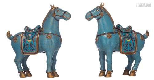 A pair of Chinese cloisonnÈ models of caparisoned horses, 20...