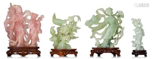 A collection of Chinese rose quartz and jadeite figures, all...