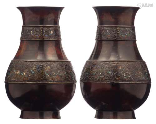 A similar pair of Indo-Chine bronze Hu vases, with champlevÈ...