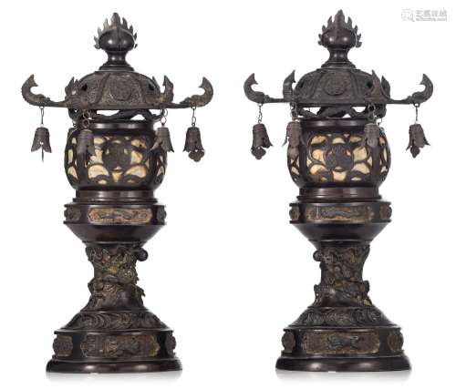 A pair of unique Japanese 'Pagoda' lanterns, Meiji period, H...