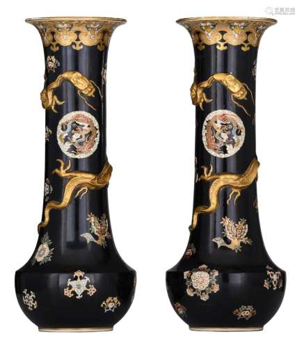 A rare pair of Japanese Satsuma trumpet-shaped 'Dragon' vase...
