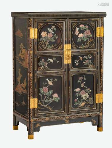 A Chinese lacquered two-doors cabinet decorated with semi-pr...