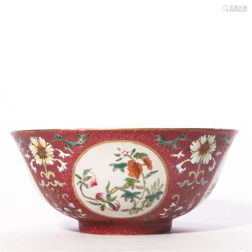 Rouge Red Ground Famille Rose Panel Floral Bowl